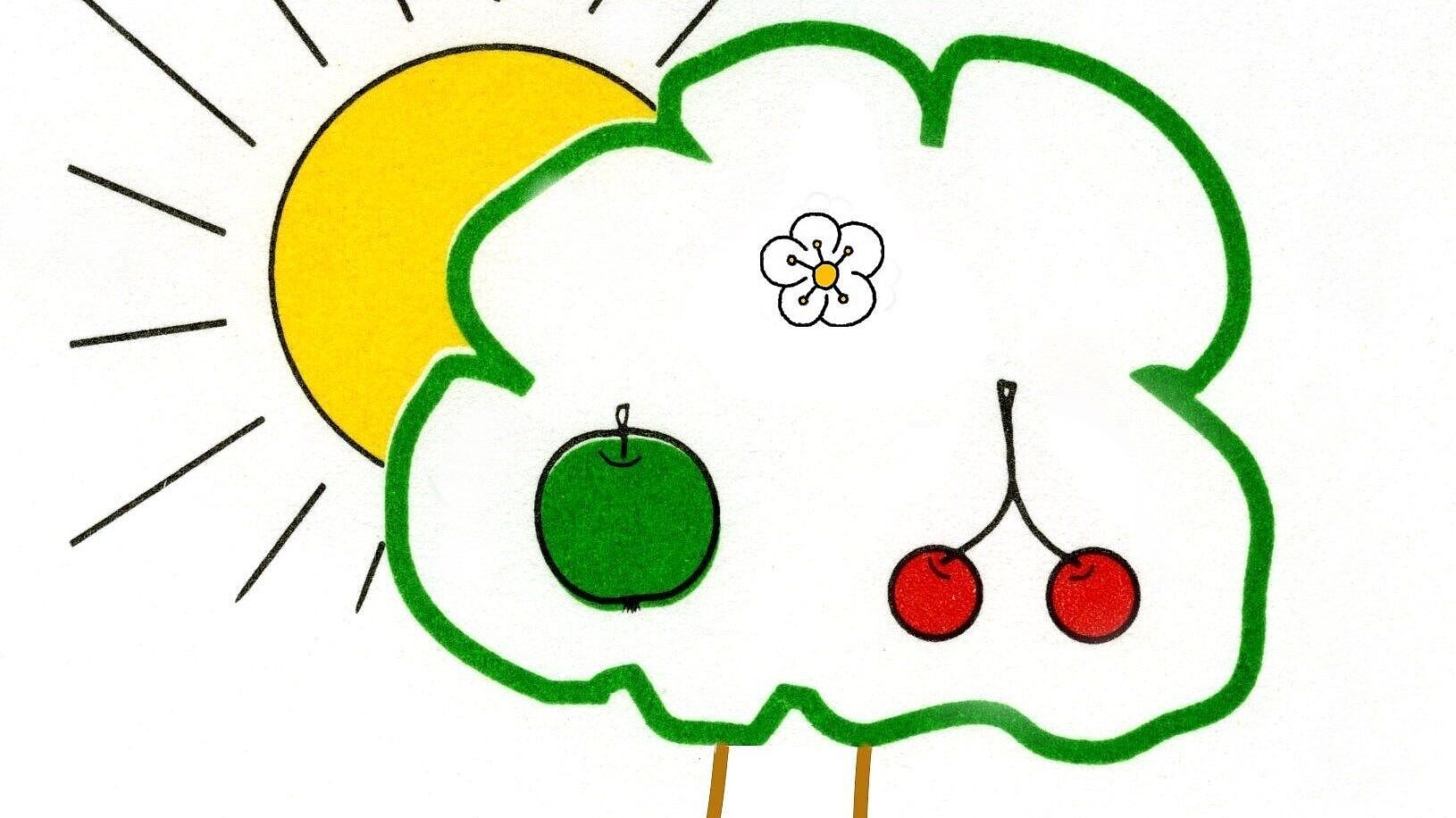 gemaltes Bild eines Baumes mit Apfel und Kirchen sowie einer Sonne 