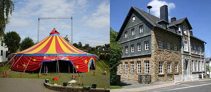 Links das Zirkuszelt von Circus Soluna, rechts das Jugendhaus Rott
